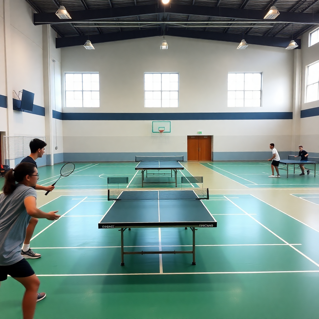 school outdoor playground with running track, green field, students playing sports, sunny day