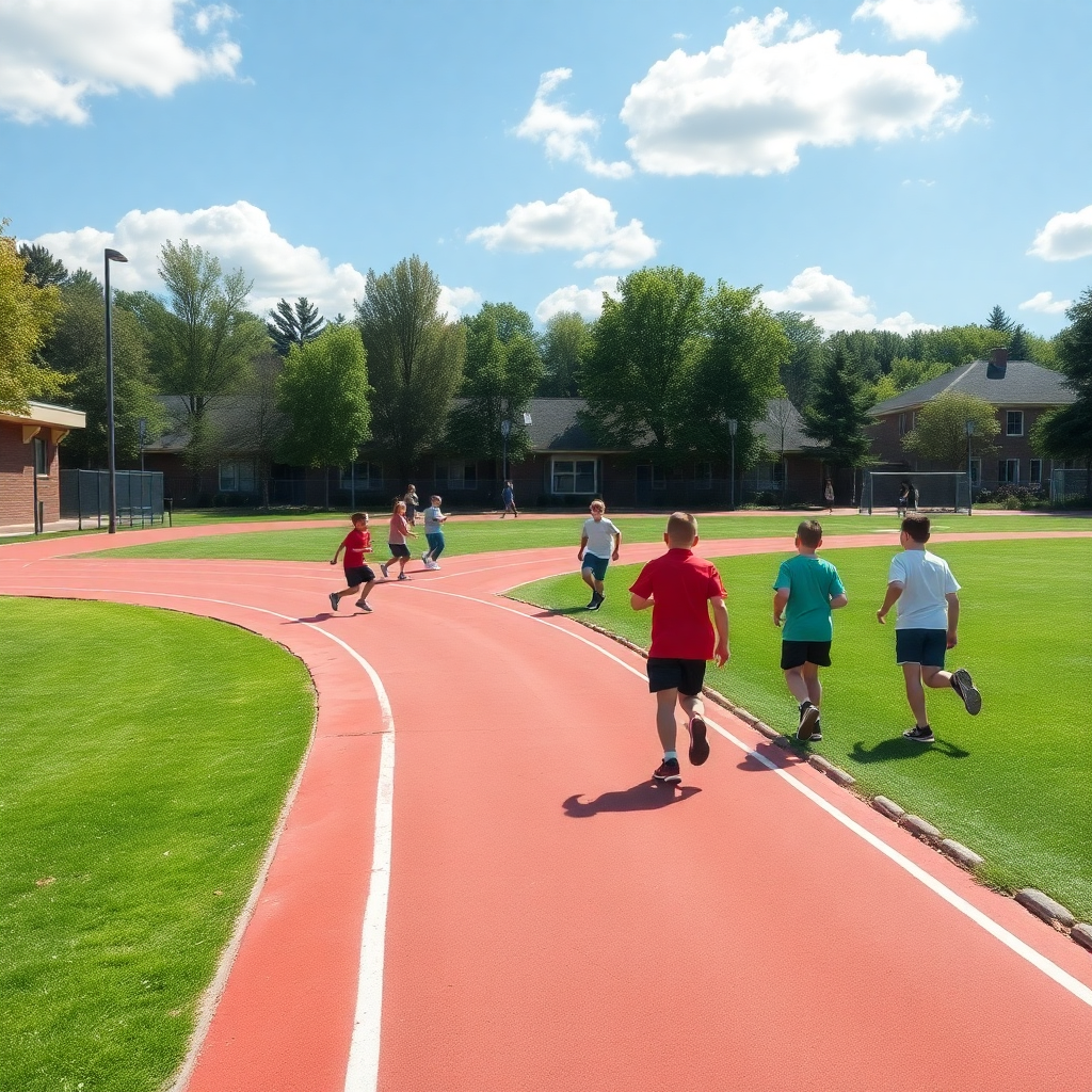 school outdoor playground with running track, green field, students playing sports, sunny day