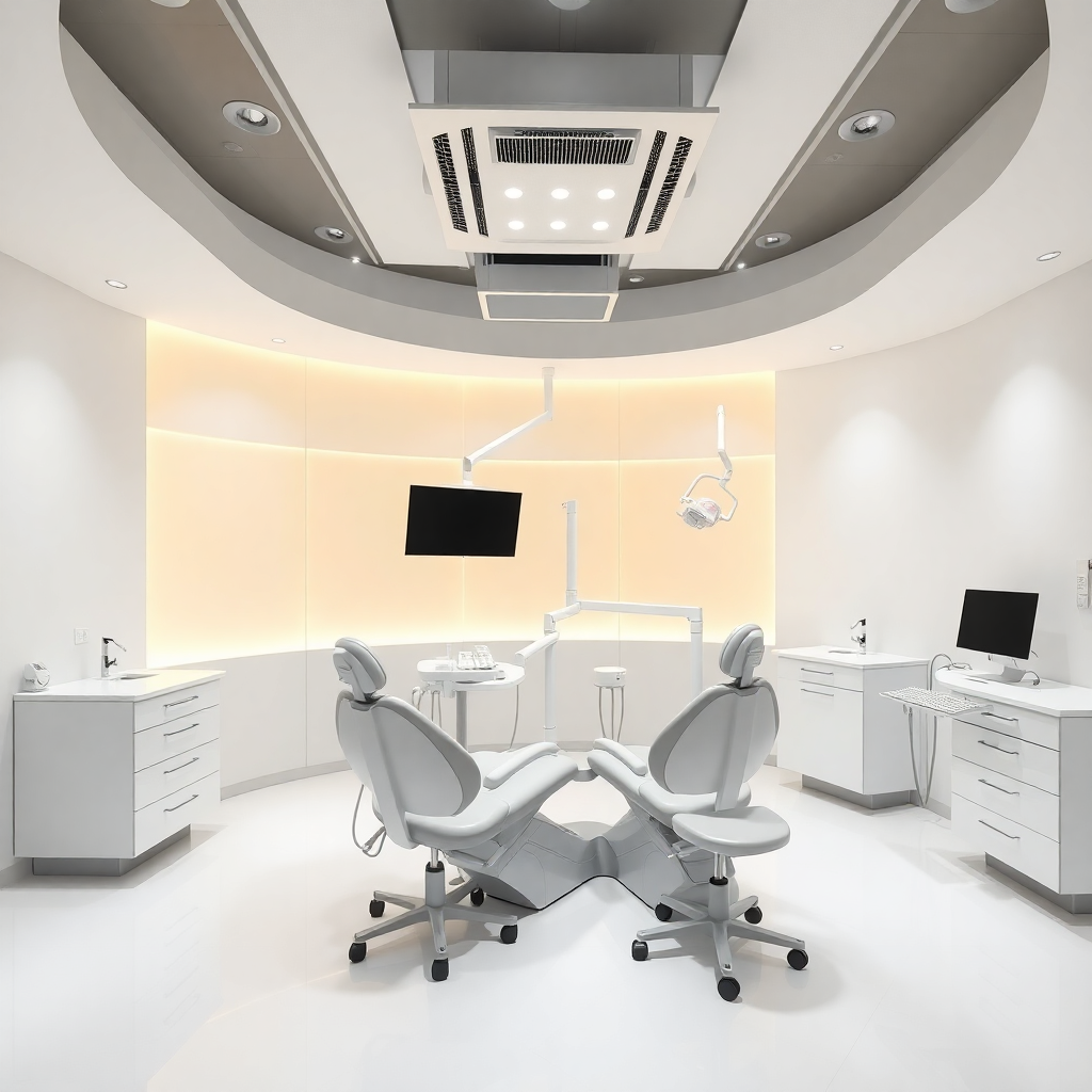 modern dental clinic interior with multiple treatment rooms, advanced equipment, clean white design, professional lighting