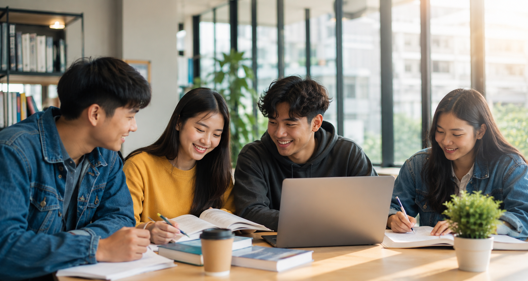 International students smiling together on a modern university campus