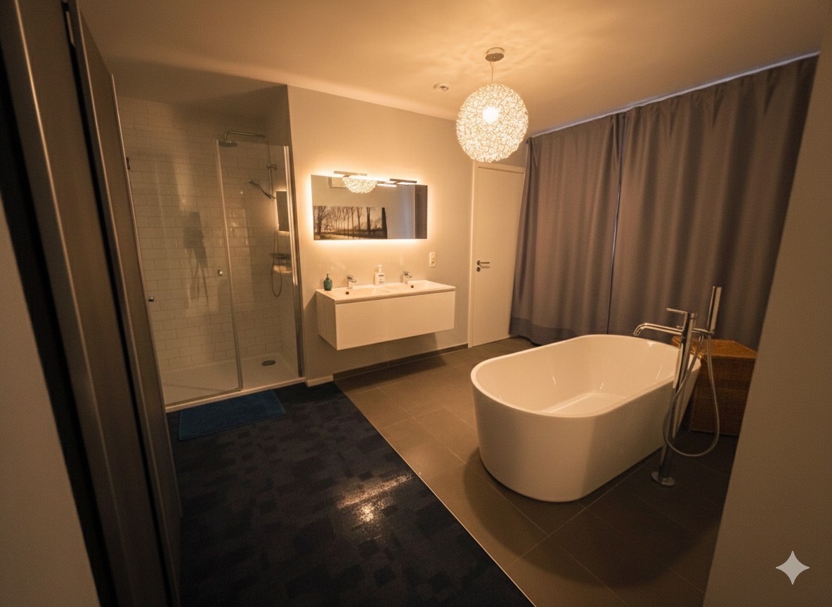 luxury hotel bathroom, marble surfaces, rain shower, soaking tub, premium fixtures, spa-like ambiance