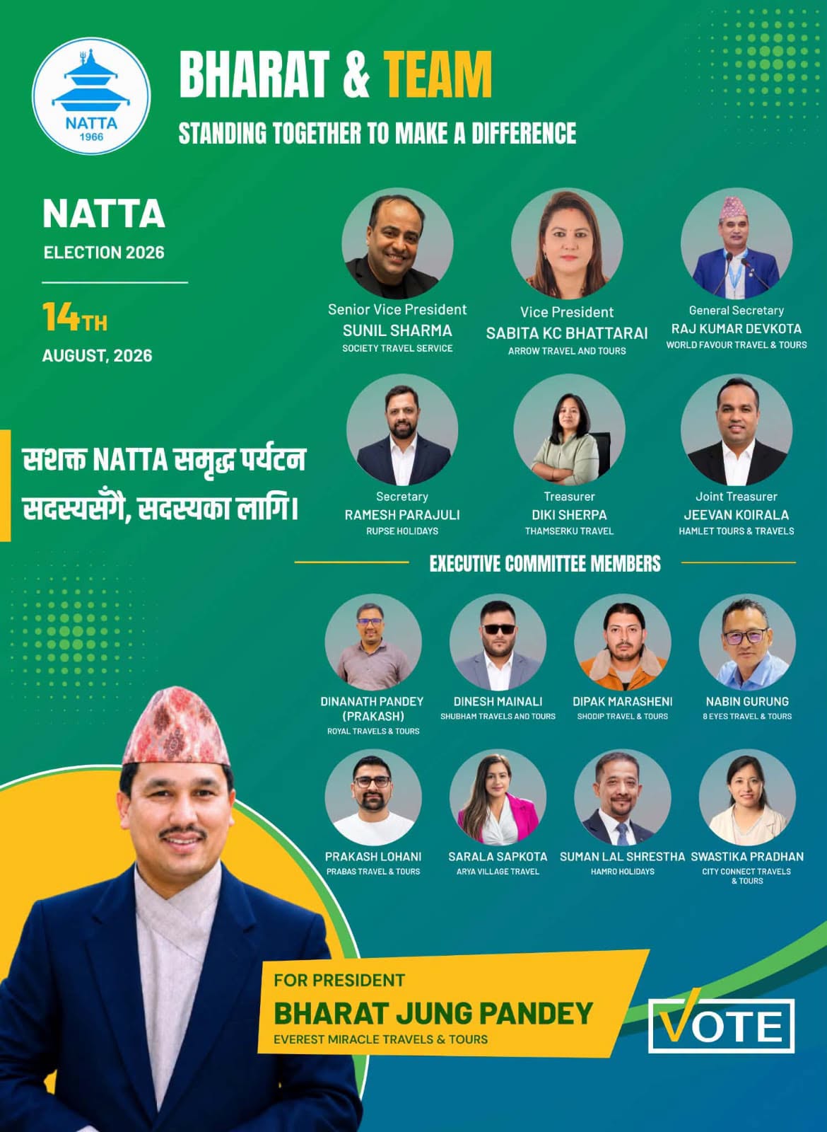 ‘सशक्त NATTA, समृद्ध पर्यटन’ नारासहित भरतजंग पाण्डे समूह चुनावी मैदानमा